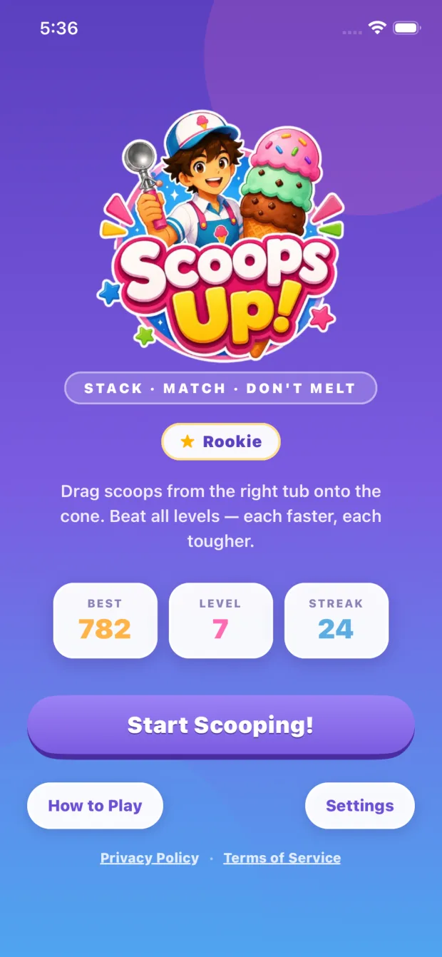 Scoops Up! start screen