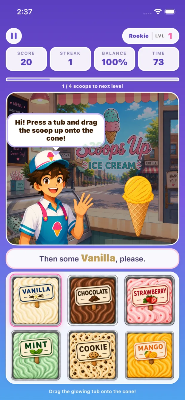 Scoops Up! levels